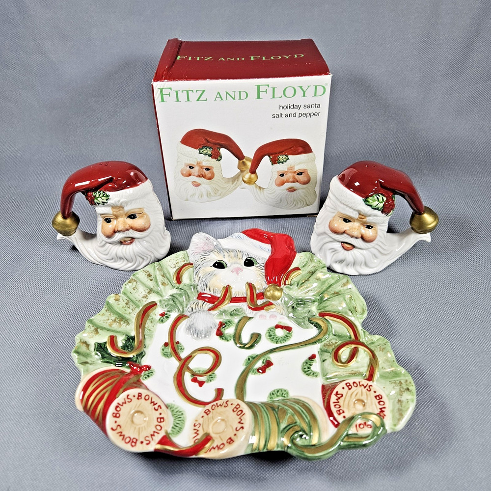 Fitz & Floyd Holiday Santa Shakers Kitty Kringle Tray Christmas Set New